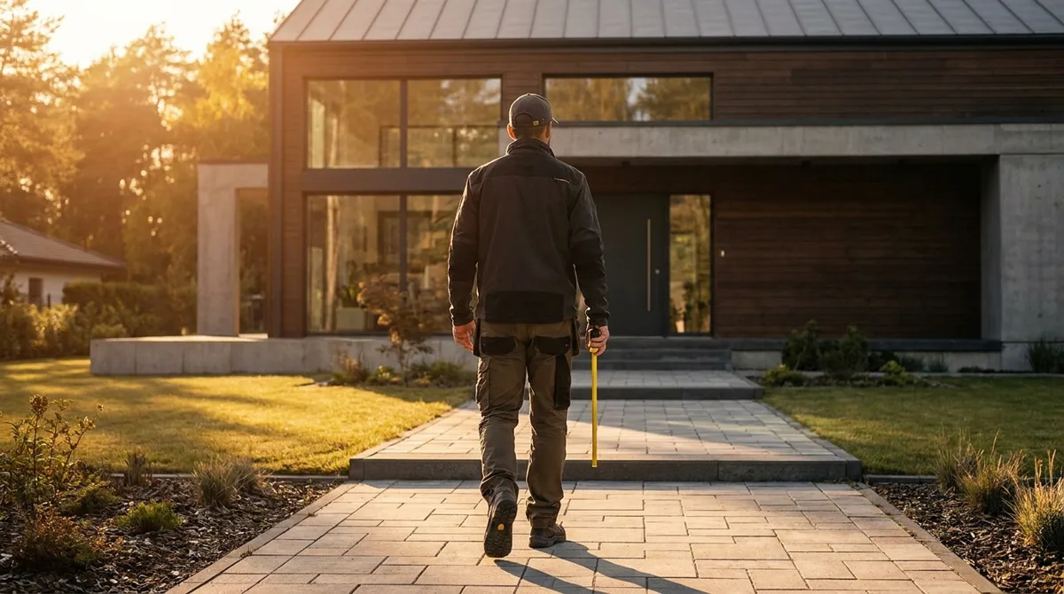 Starise team member with a tape measure walking toward a Calgary home to measure it for permanent lighting